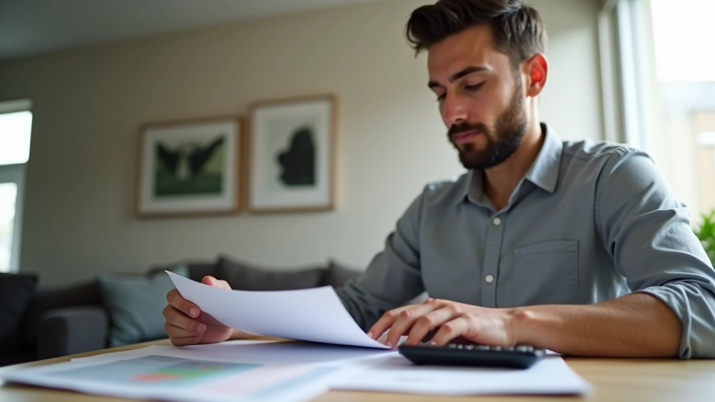Young professional at a simple home desk reviewing budget spreadsheet and financial planning documents