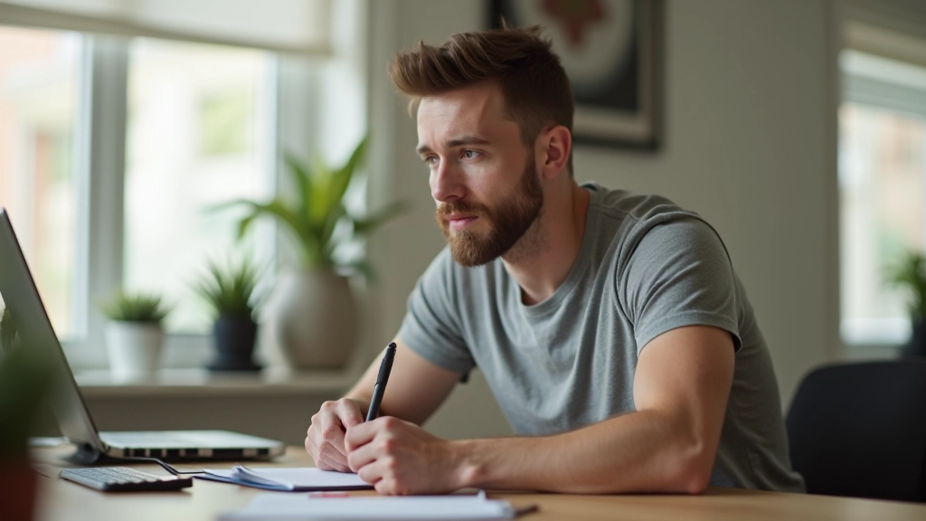 Young adult in casual clothing looking thoughtful while planning finances at home desk