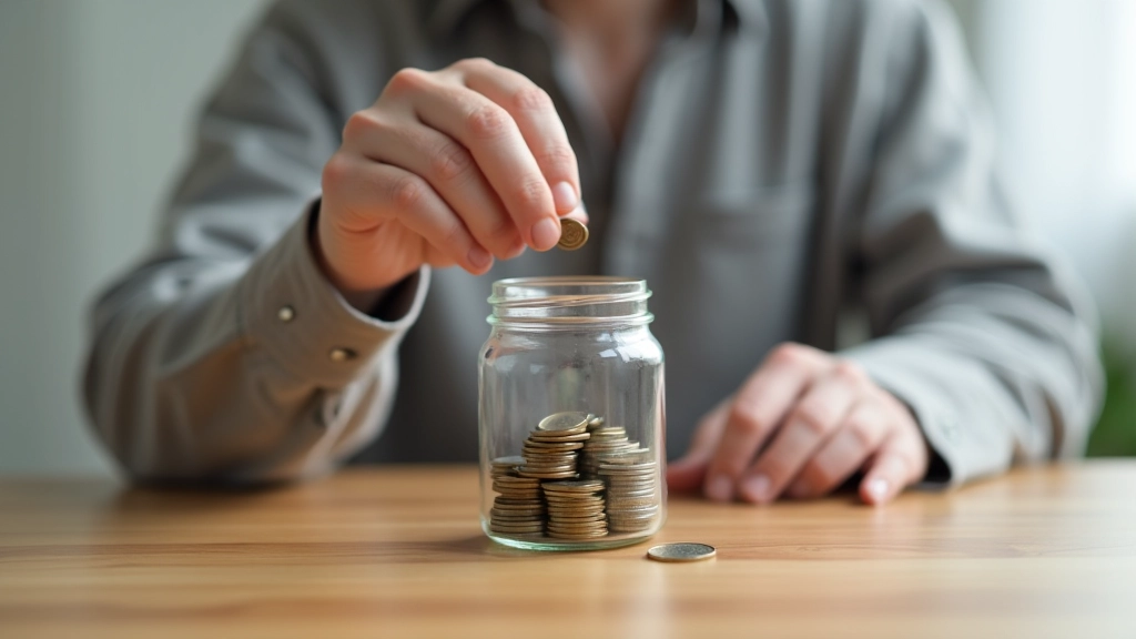 Person adding coins to a glass savings jar representing regular monthly deposits accumulating over time