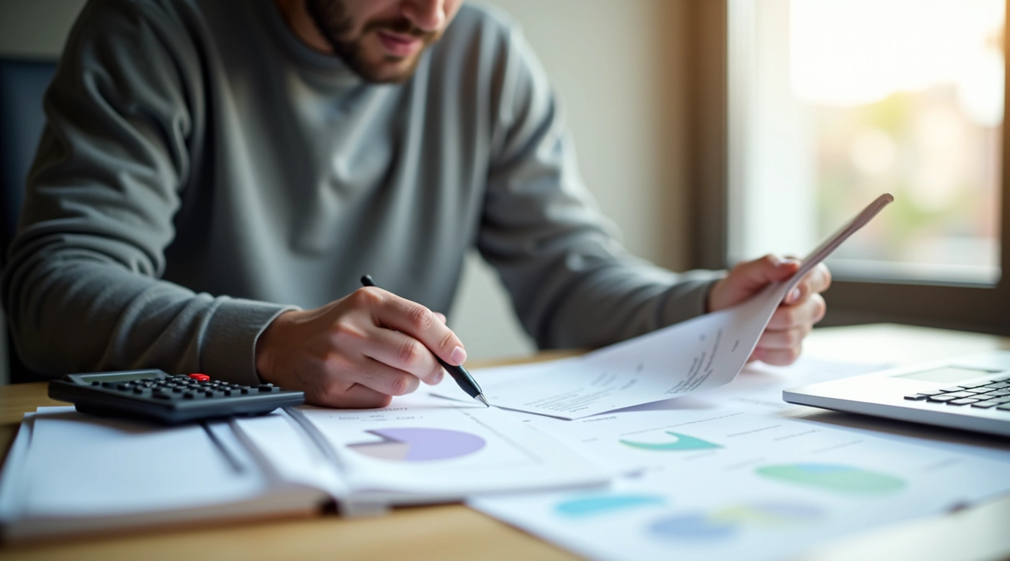 Person reviewing financial documents and savings plans at a desk with calculator and notebook
